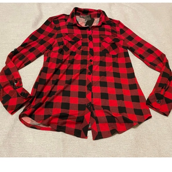 DJT Women’s Roll Up Long Sleeve Collared Button Down Plaid Shirt Medium NEW - Picture 2 of 11